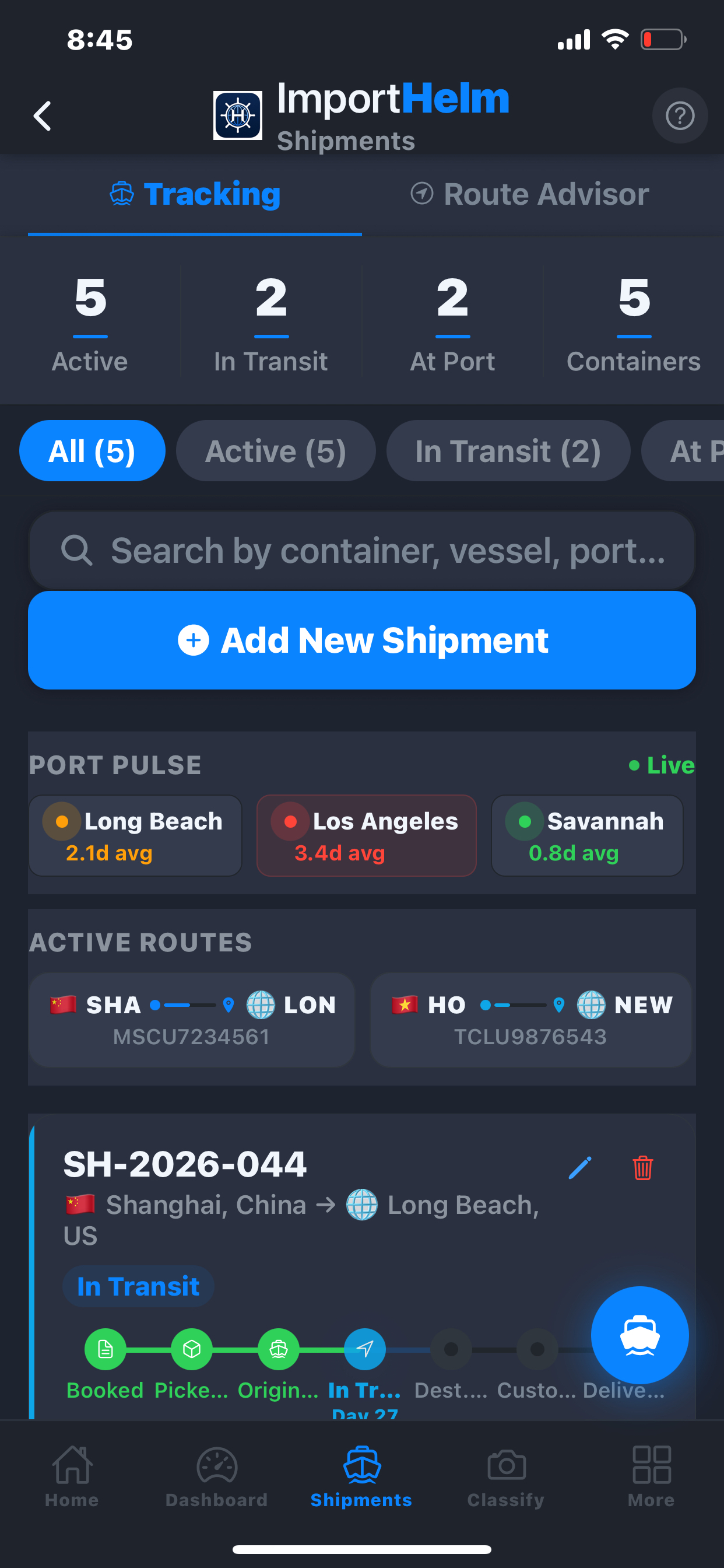 Shipments tracking screen with Port Pulse congestion indicator and full shipment lifecycle from booked to delivered.