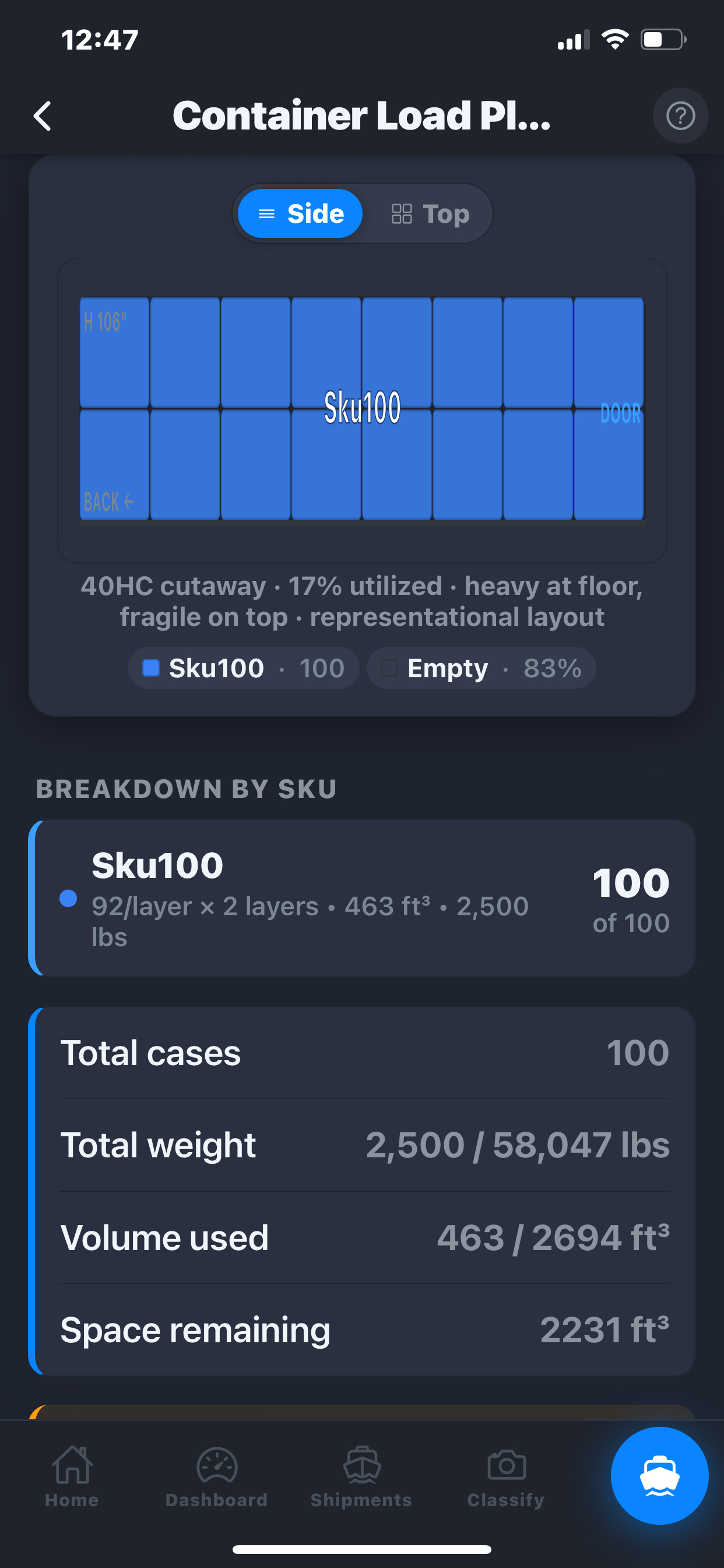 Container Load Planner side-view cutaway showing case packing, weight utilization, and remaining space in a 40-foot high cube.