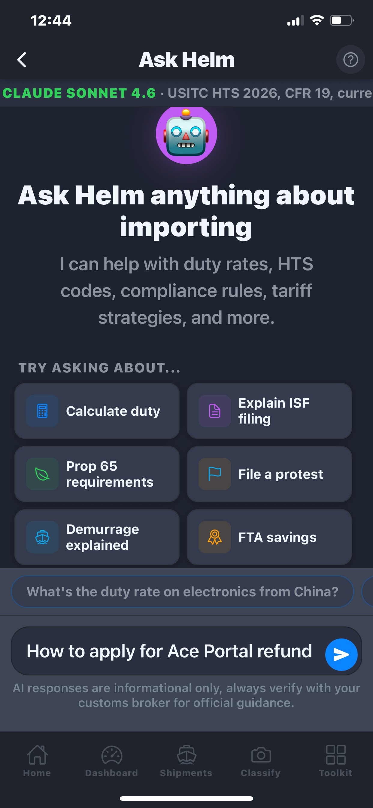 Helm Bot intro screen with suggested prompts, grounded in USITC HTS 2026 and CFR 19.