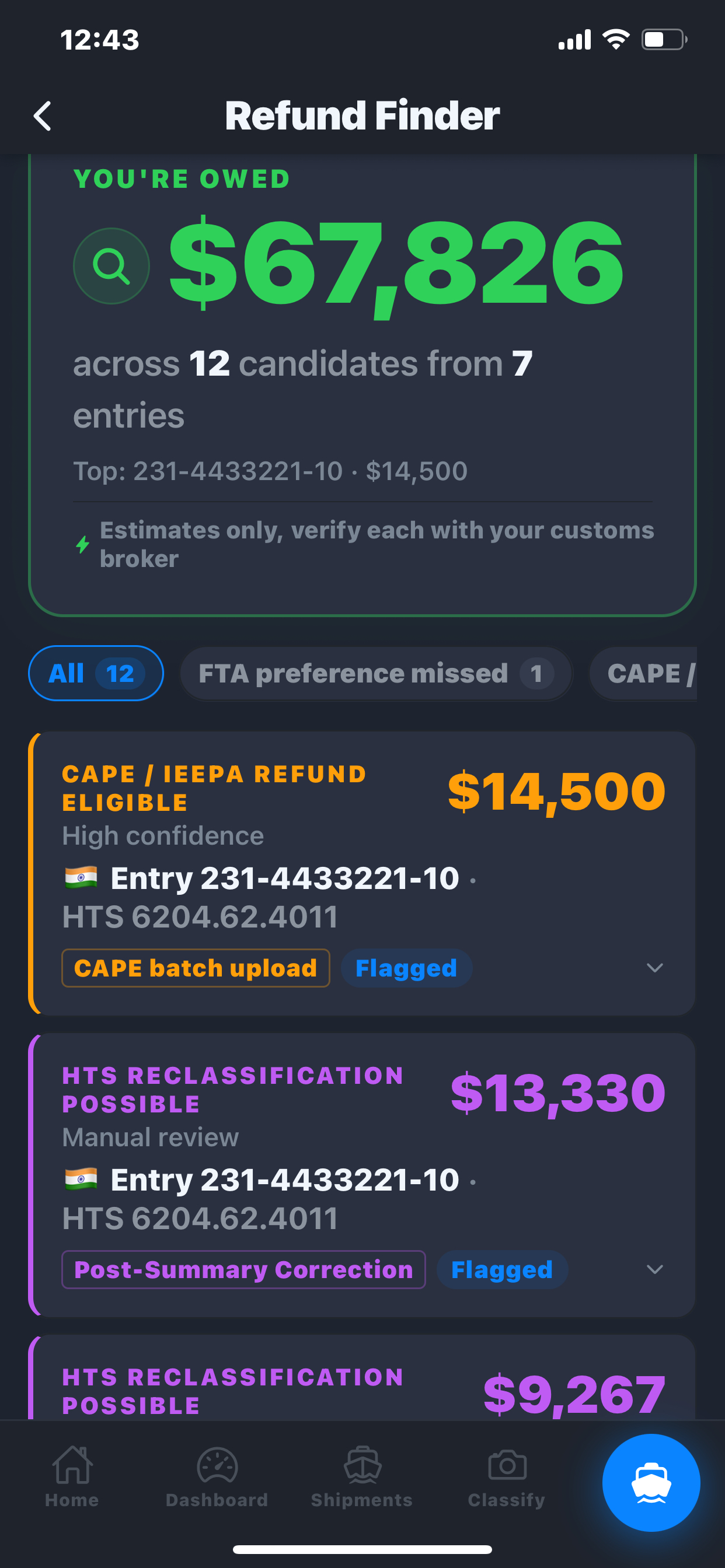 Refund Finder summary showing recoverable duty across multiple candidate entries.