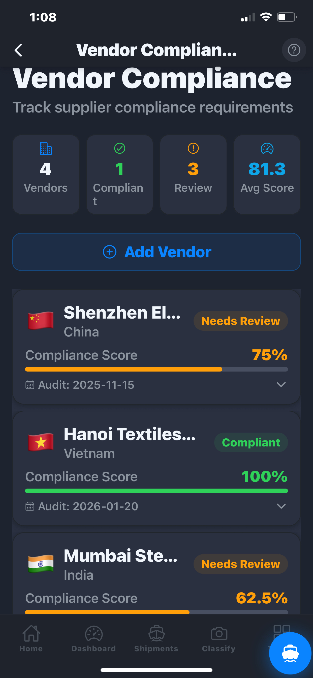 Vendor Compliance tracker with per-vendor compliance scores, status, and average score across origin countries.